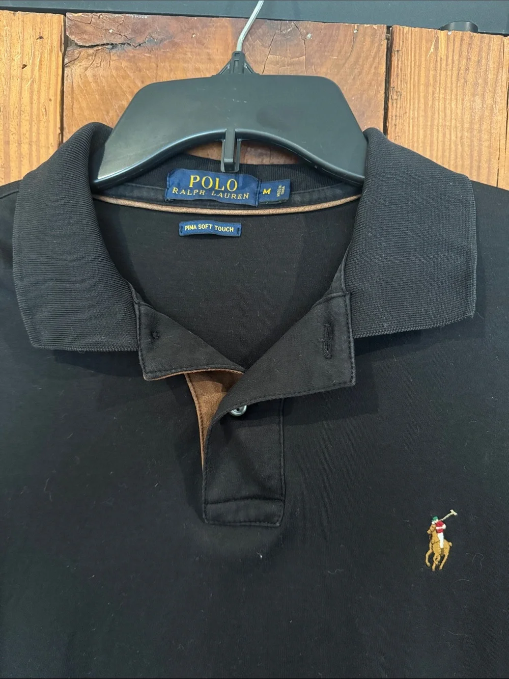 Ralph Lauren Black Long-Sleeve Polo with Brown Suede Accent - Men’s Medium